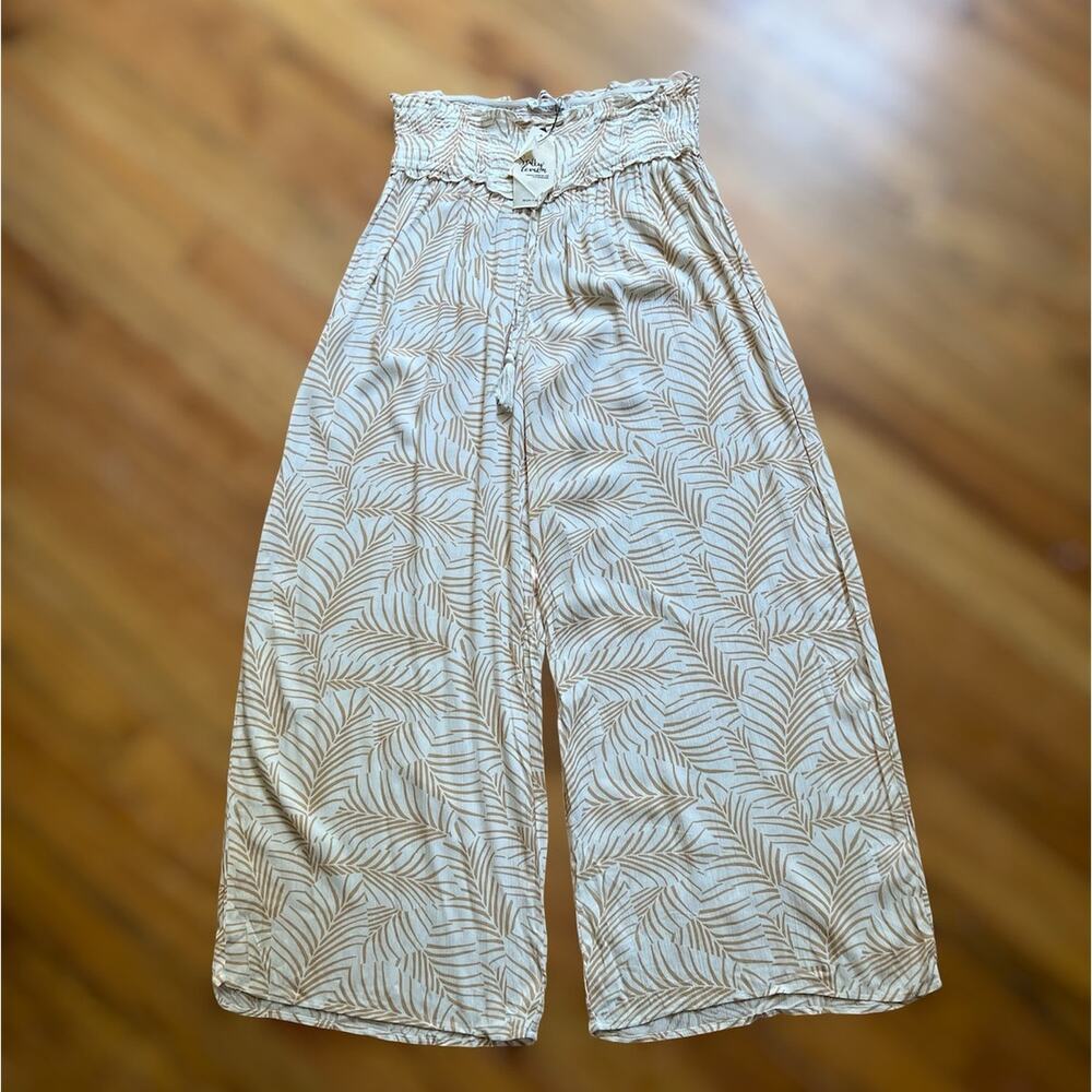 Salty Lemon Palazzo Pants Large Womens Palm Leaf Beach Vacation Gauze Wide Leg